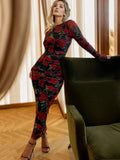 Elegant Long Sleeve Silk Flower Lace Up Red Party Dress image 5