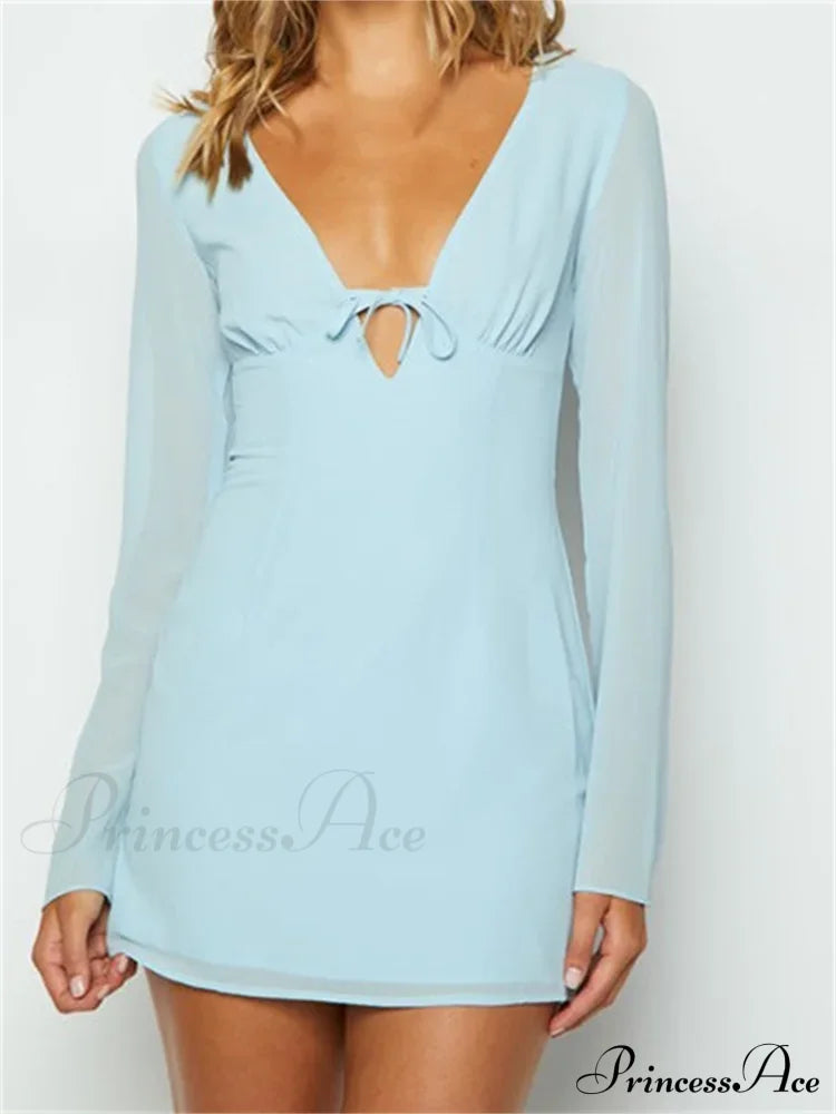 Elegant Long Sleeve Solid Casual Deep V Neck Mini Dress image 1