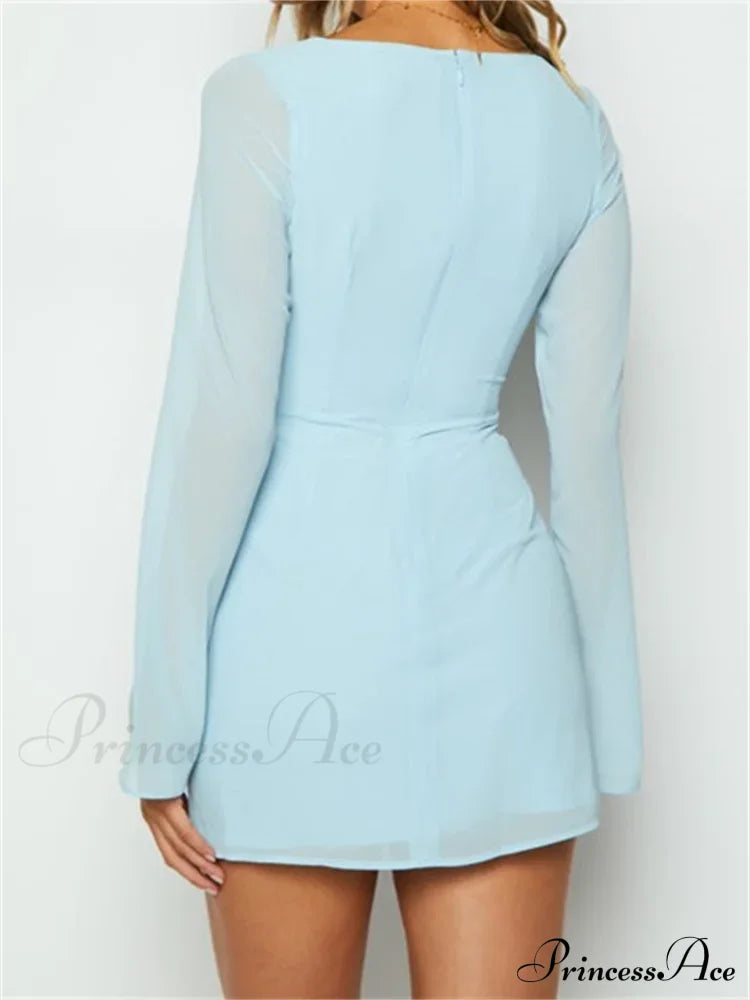 Elegant Long Sleeve Solid Casual Deep V Neck Mini Dress image 2