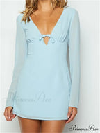 Elegant Long Sleeve Solid Casual Deep V Neck Mini Dress image 5