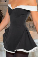 Elegant Off Shoulder Contrast Color Chest Baring Waist Cinching Mini Dress image 4