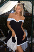 Elegant Off Shoulder Contrast Color Chest Baring Waist Cinching Mini Dress image 1