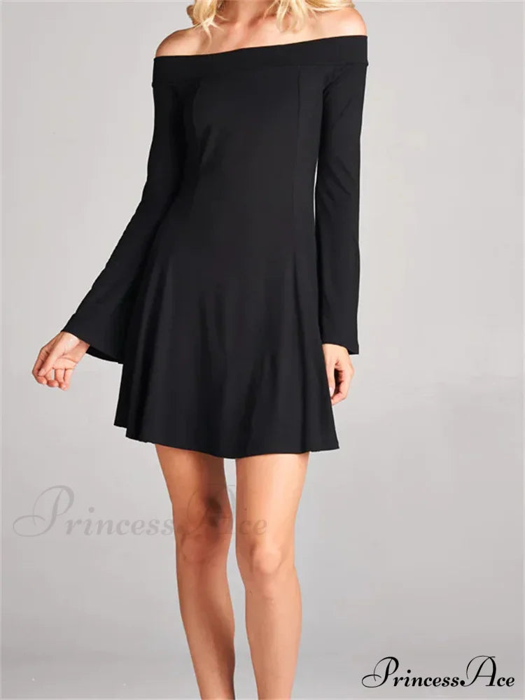 Elegant Off Shoulder Solid Color Long Sleeve Party Mini Dress image 2