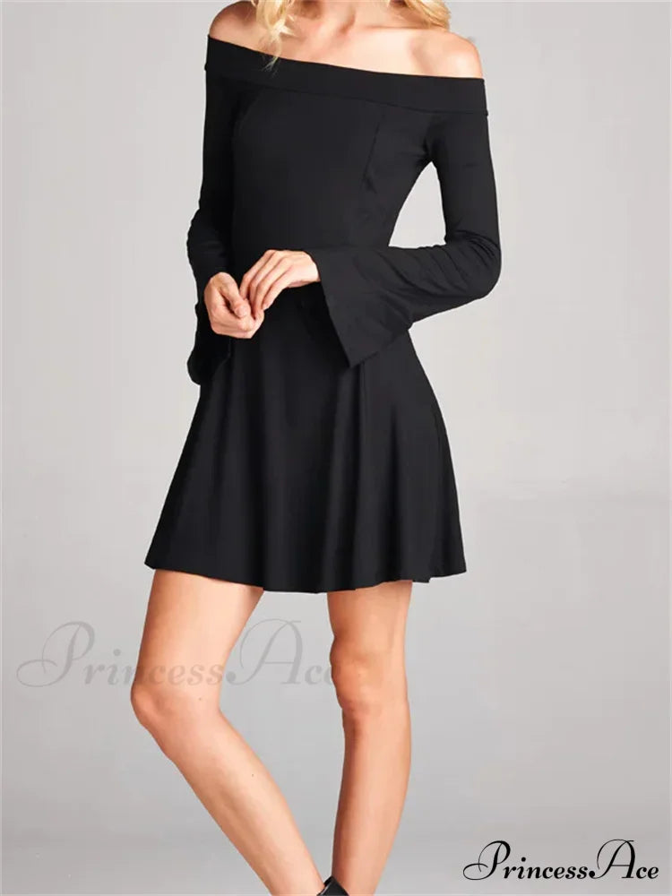 Elegant Off Shoulder Solid Color Long Sleeve Party Mini Dress image 3