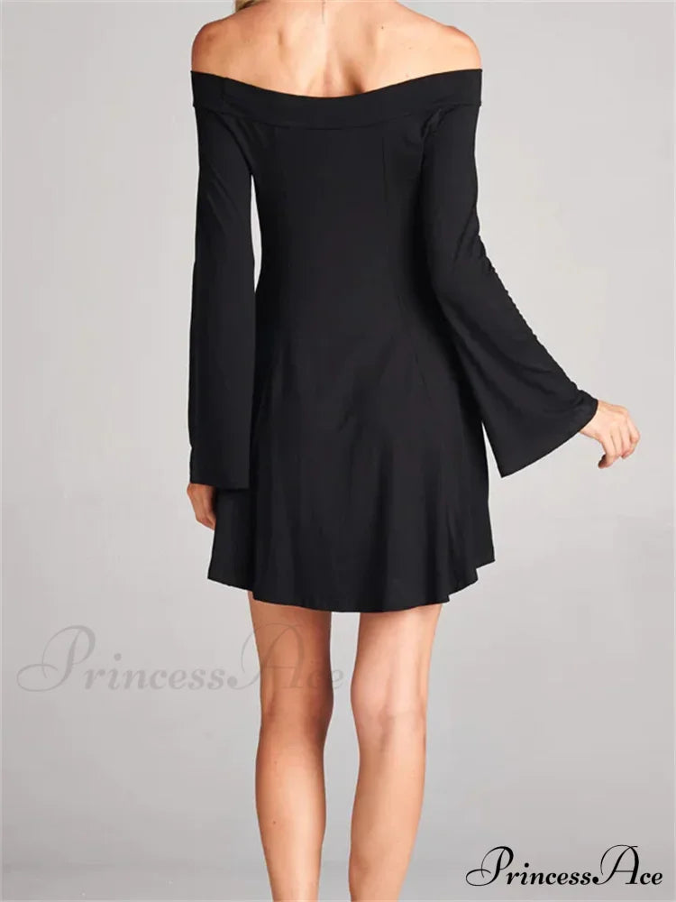 Elegant Off Shoulder Solid Color Long Sleeve Party Mini Dress image 5