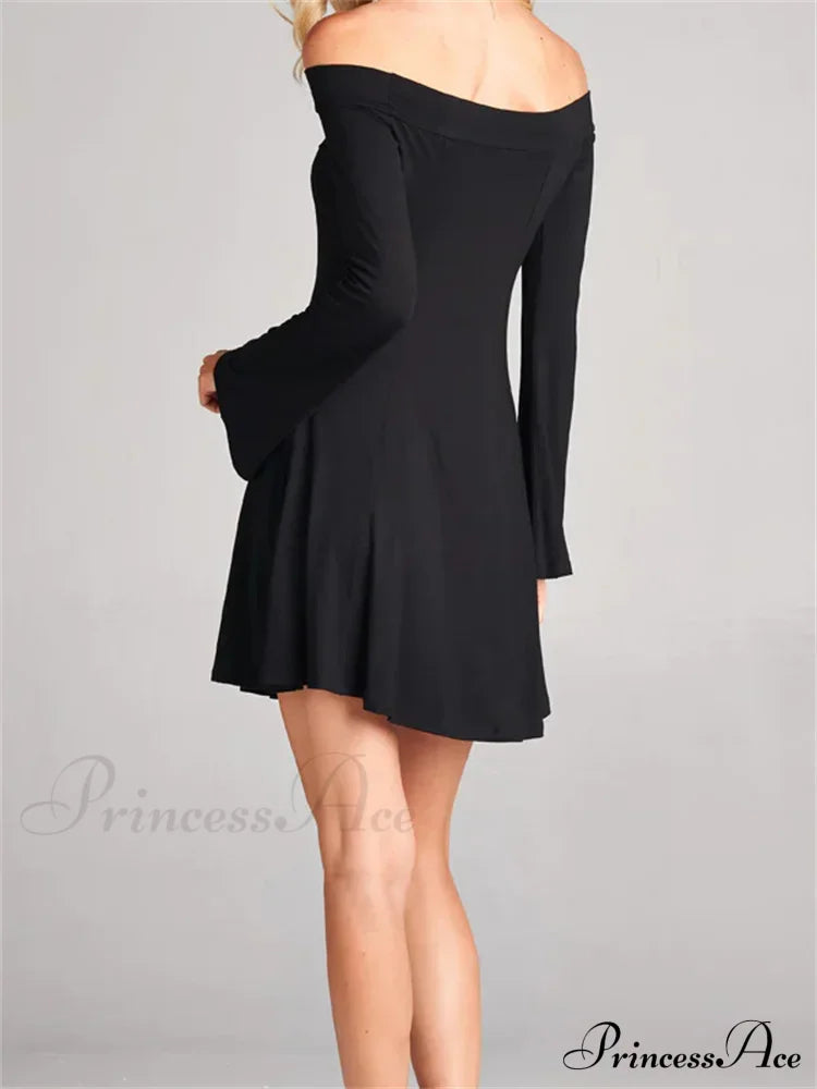 Elegant Off Shoulder Solid Color Long Sleeve Party Mini Dress image 4