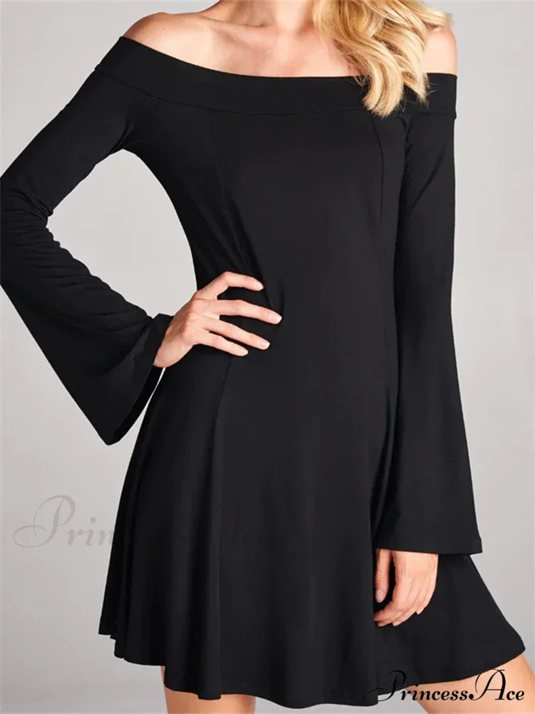 Elegant Off Shoulder Solid Color Long Sleeve Party Mini Dress image 1