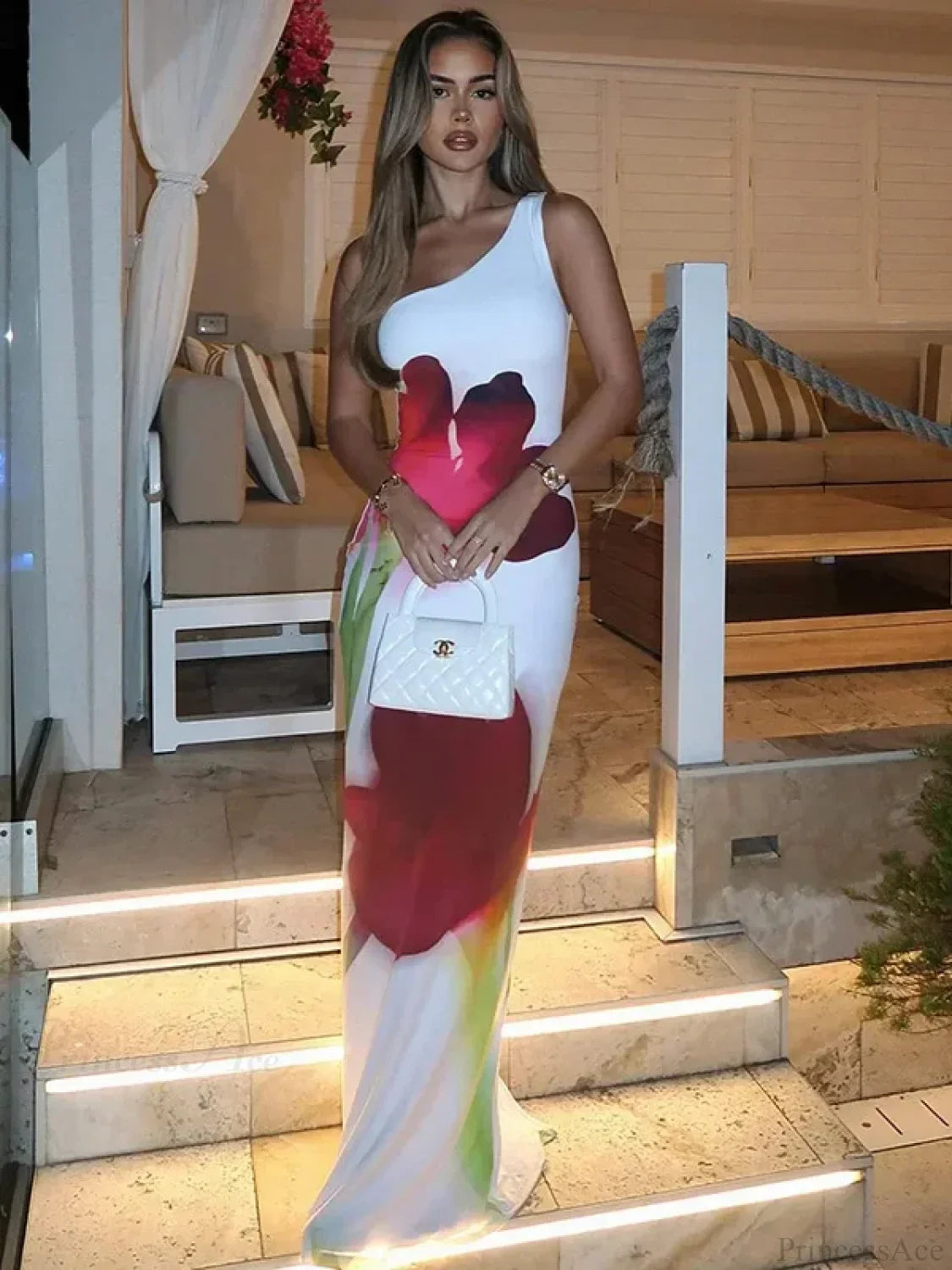 Elegant One Shoulder Backless Maxi Floral Dress image 2