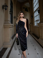 Elegant One-Shoulder Rhinestone Slimming Dress Prom Dress image 4