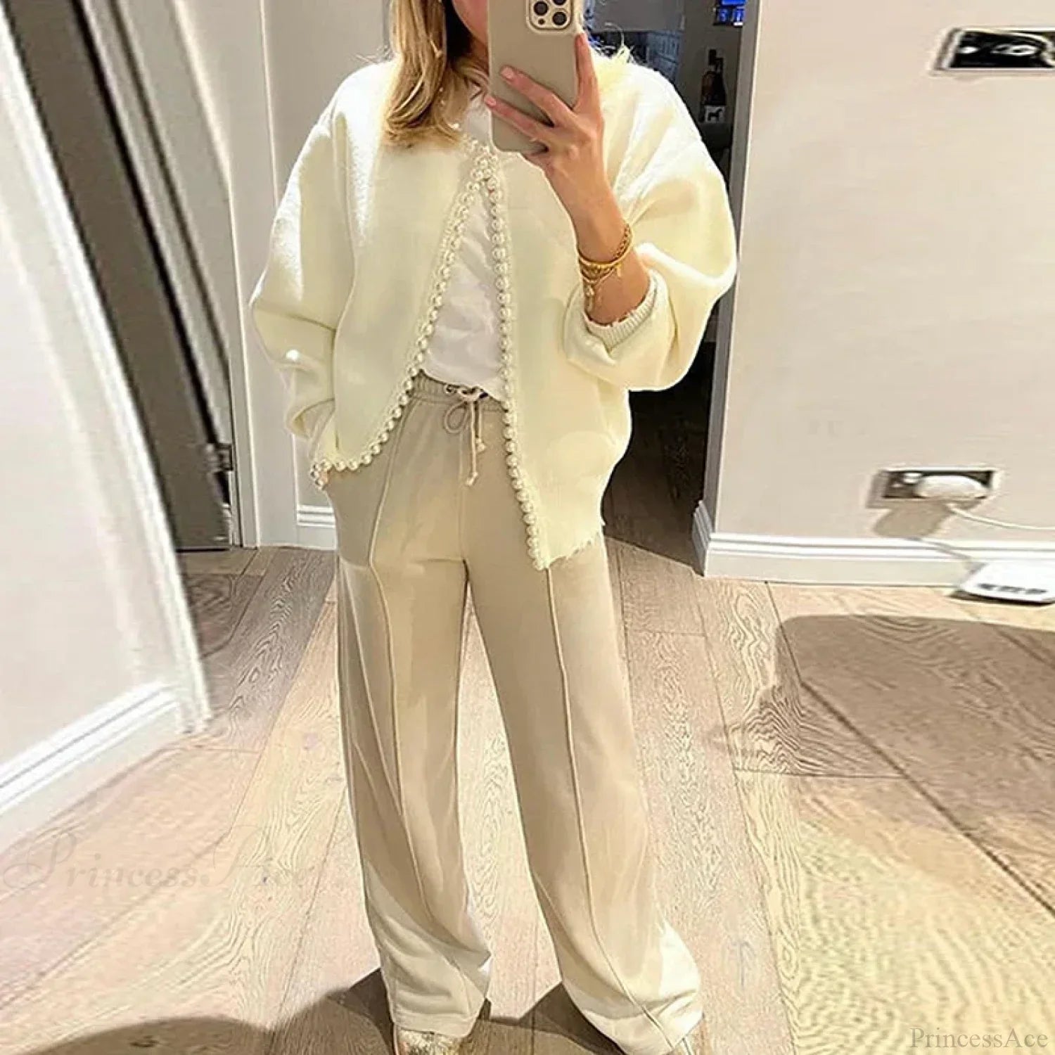 Elegant Pearls Long Sleeve Knit White Cardigan image 3