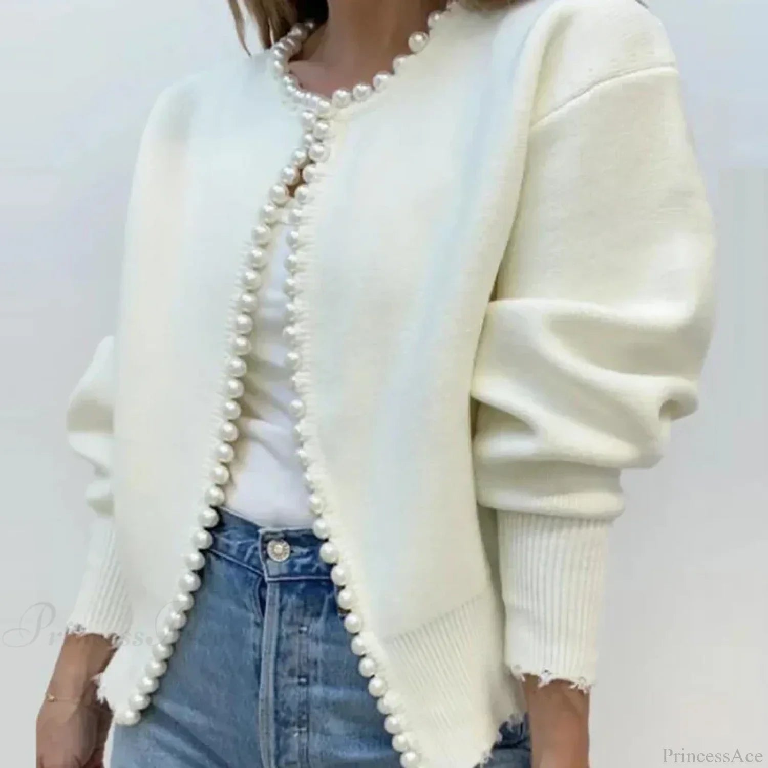 Elegant Pearls Long Sleeve Knit White Cardigan image 1