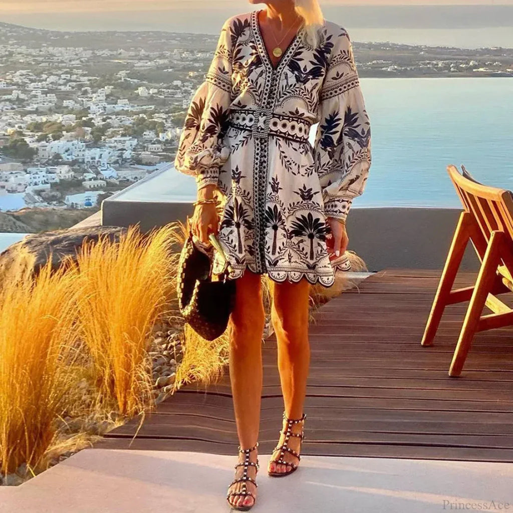 Elegant Print V-neck A-line Boho Dress image 3