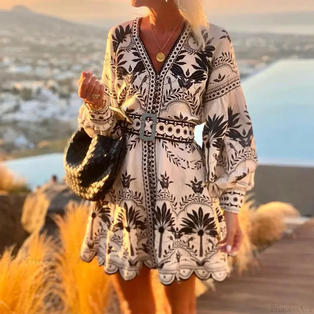 Elegant Print V-neck A-line Boho Dress image 4