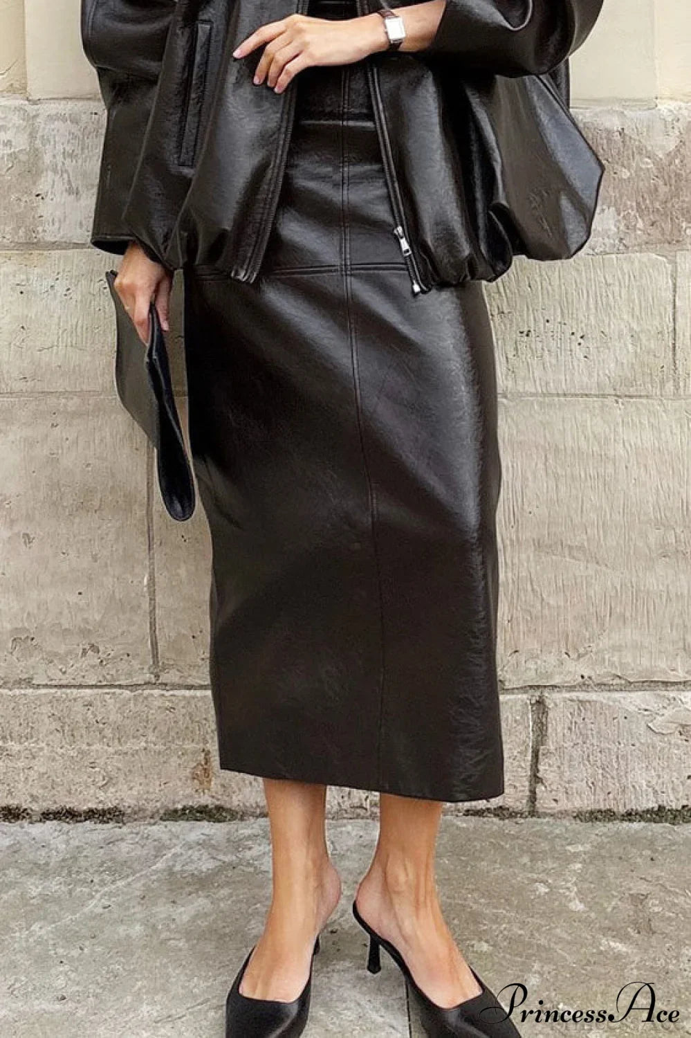 Elegant PU Leather Midi Slit Skirt image 3