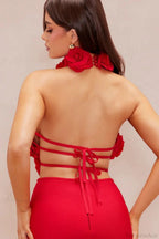 Elegant Red Floral Backless Maxi Bodycon Evening Dress image 3