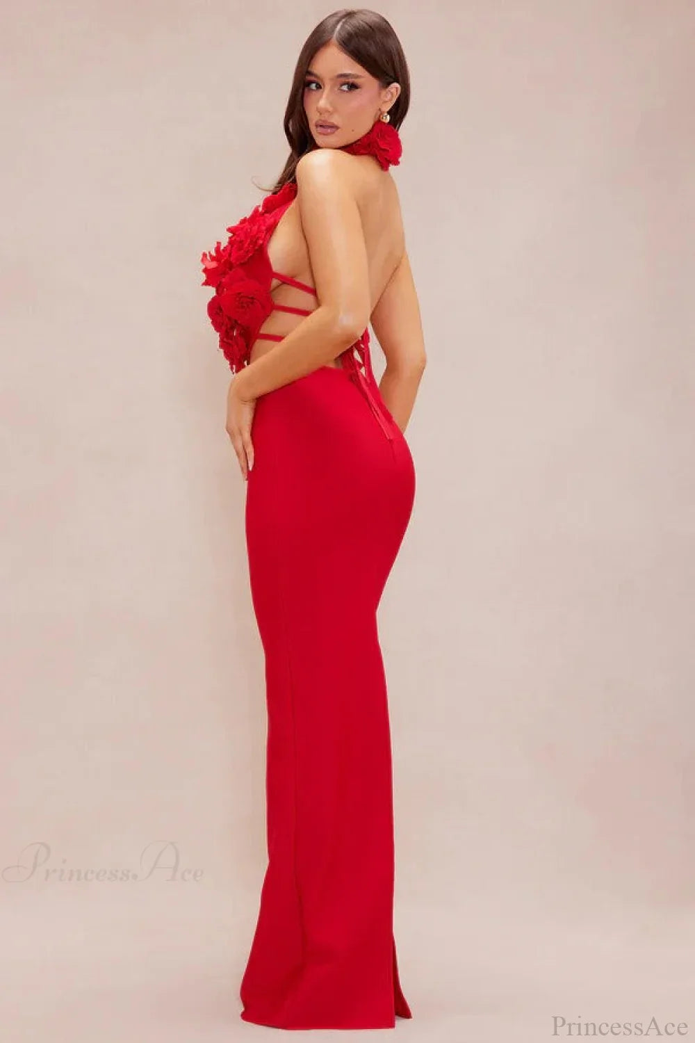 Elegant Red Floral Backless Maxi Bodycon Evening Dress image 2
