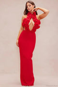 Elegant Red Floral Backless Maxi Bodycon Evening Dress image 1