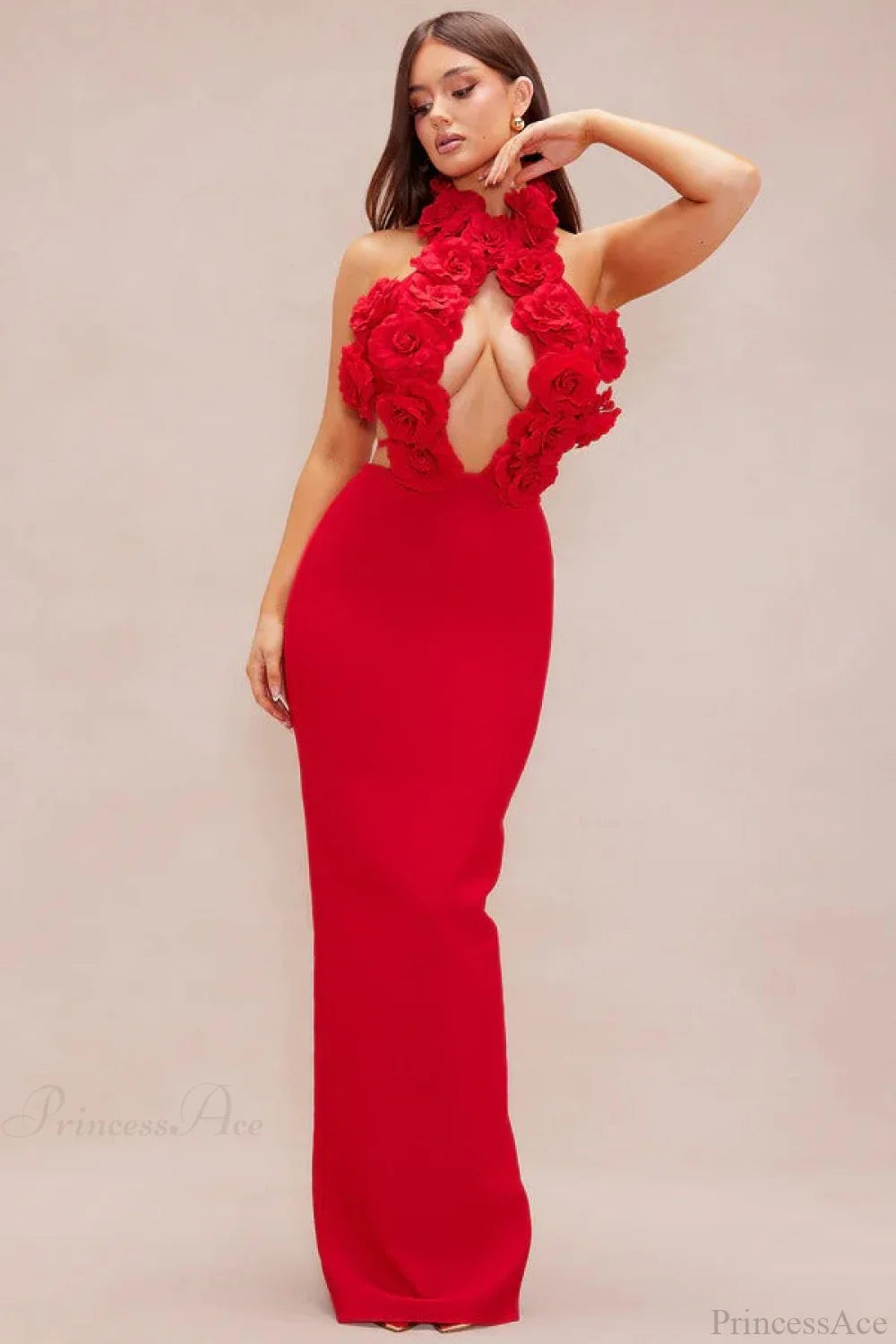 Elegant Red Floral Backless Maxi Bodycon Evening Dress image 1