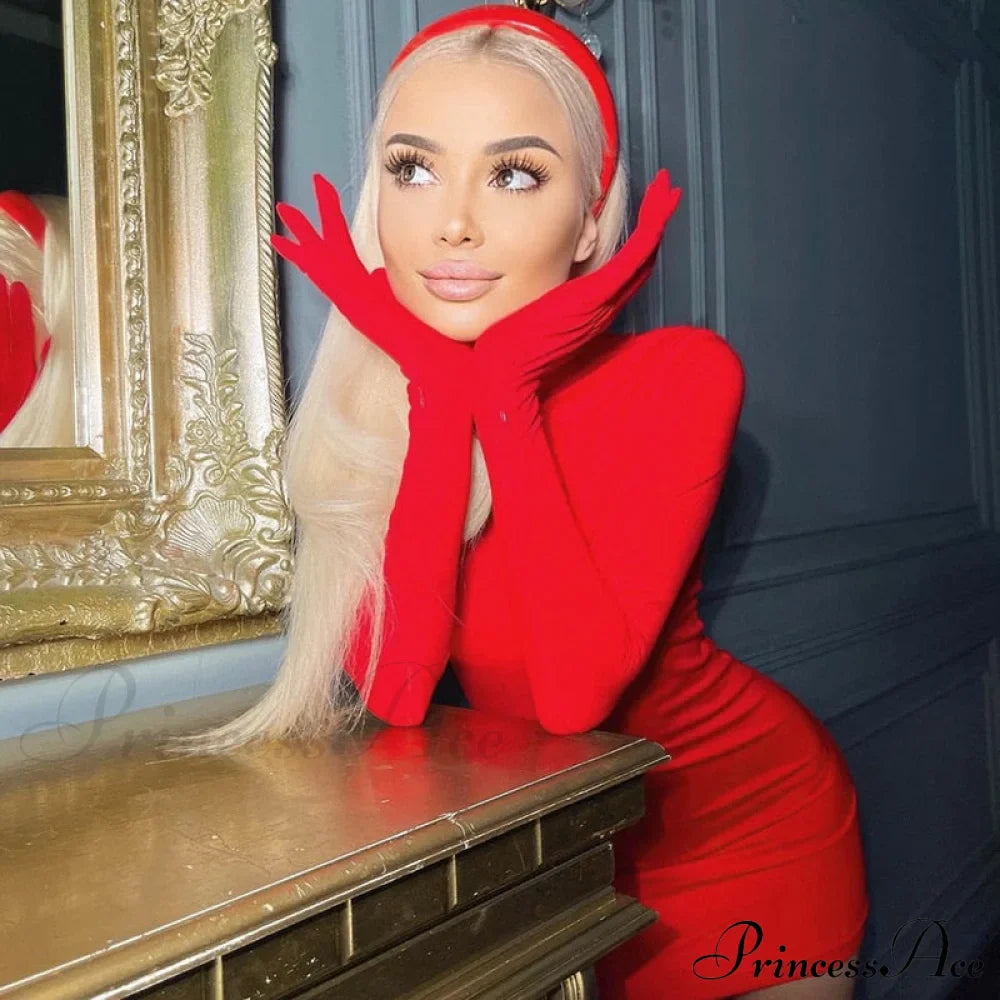 Elegant Red Long Sleeve Gloves Bodycon Dresses image 1