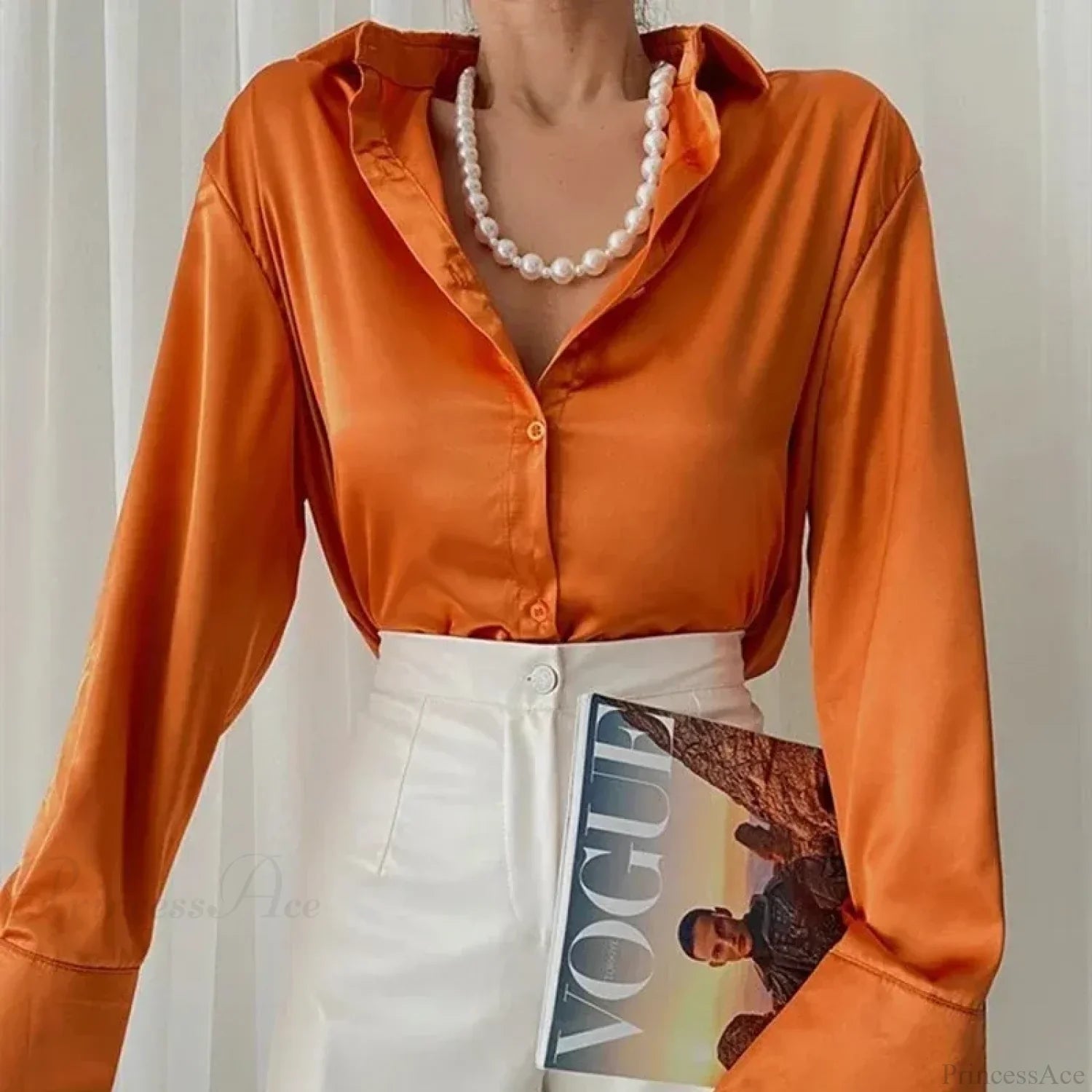 Elegant Satin Blue Long Sleeve Vintage Blouse image 3