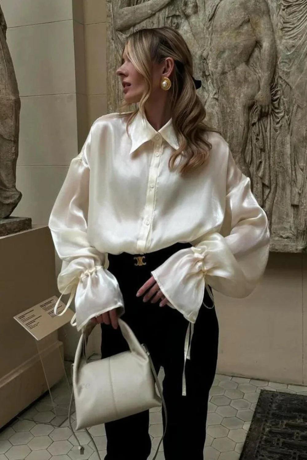 Elegant Satin Tie-Waist Loose Long Sleeve Blouse image 1