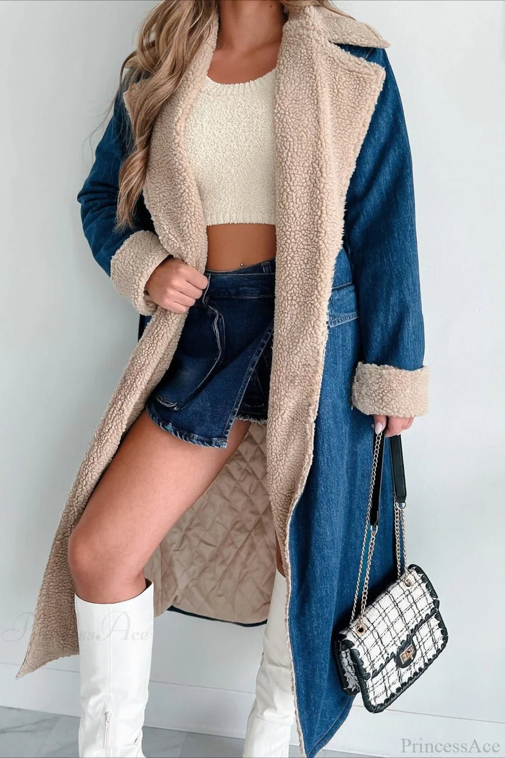 Elegant Sherpa Tie Waist Dual Pockets Denim Overcoat image 1