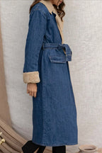 Elegant Sherpa Tie Waist Dual Pockets Denim Overcoat image 6