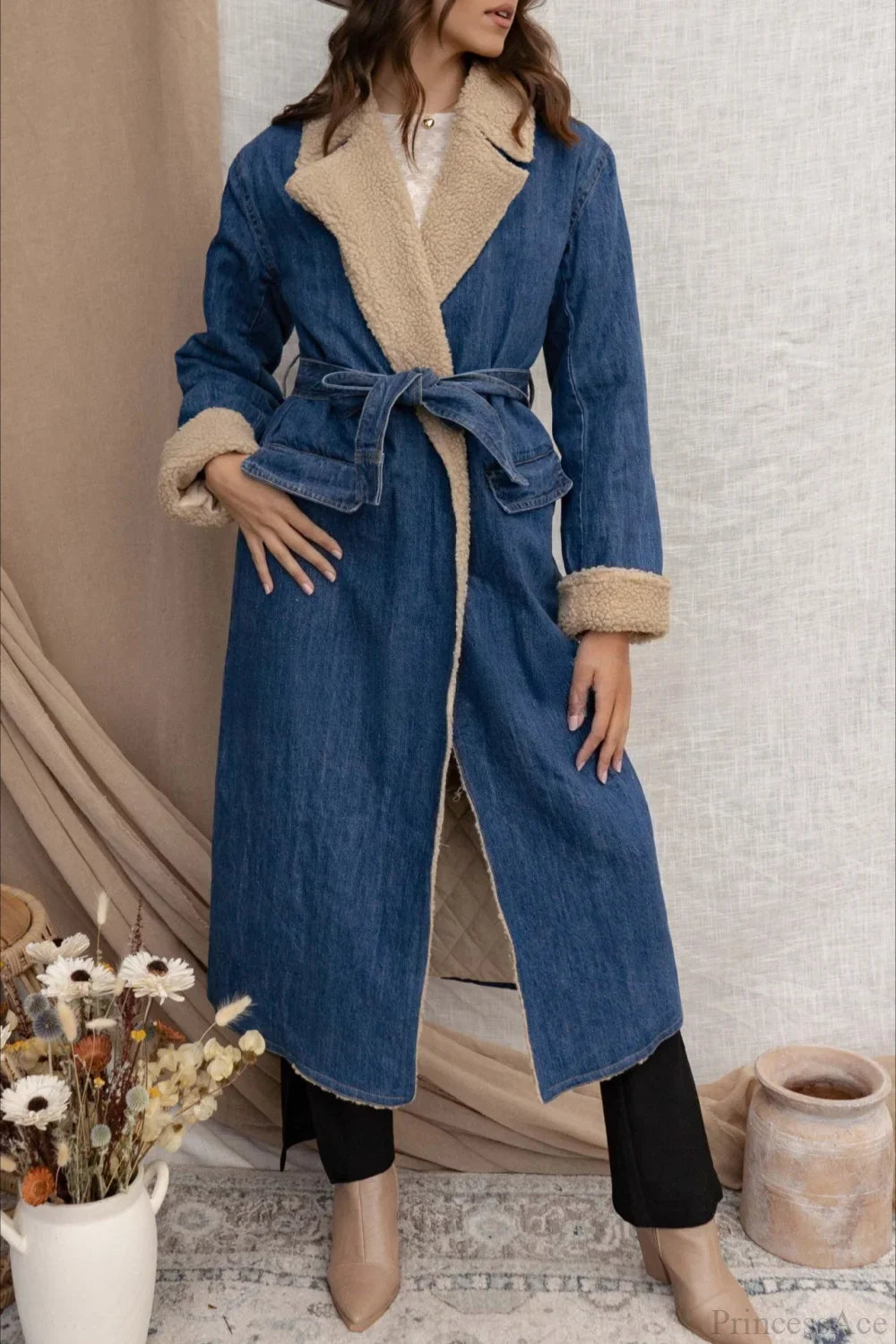 Elegant Sherpa Tie Waist Dual Pockets Denim Overcoat image 4