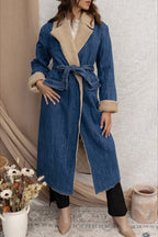 Elegant Sherpa Tie Waist Dual Pockets Denim Overcoat image 4