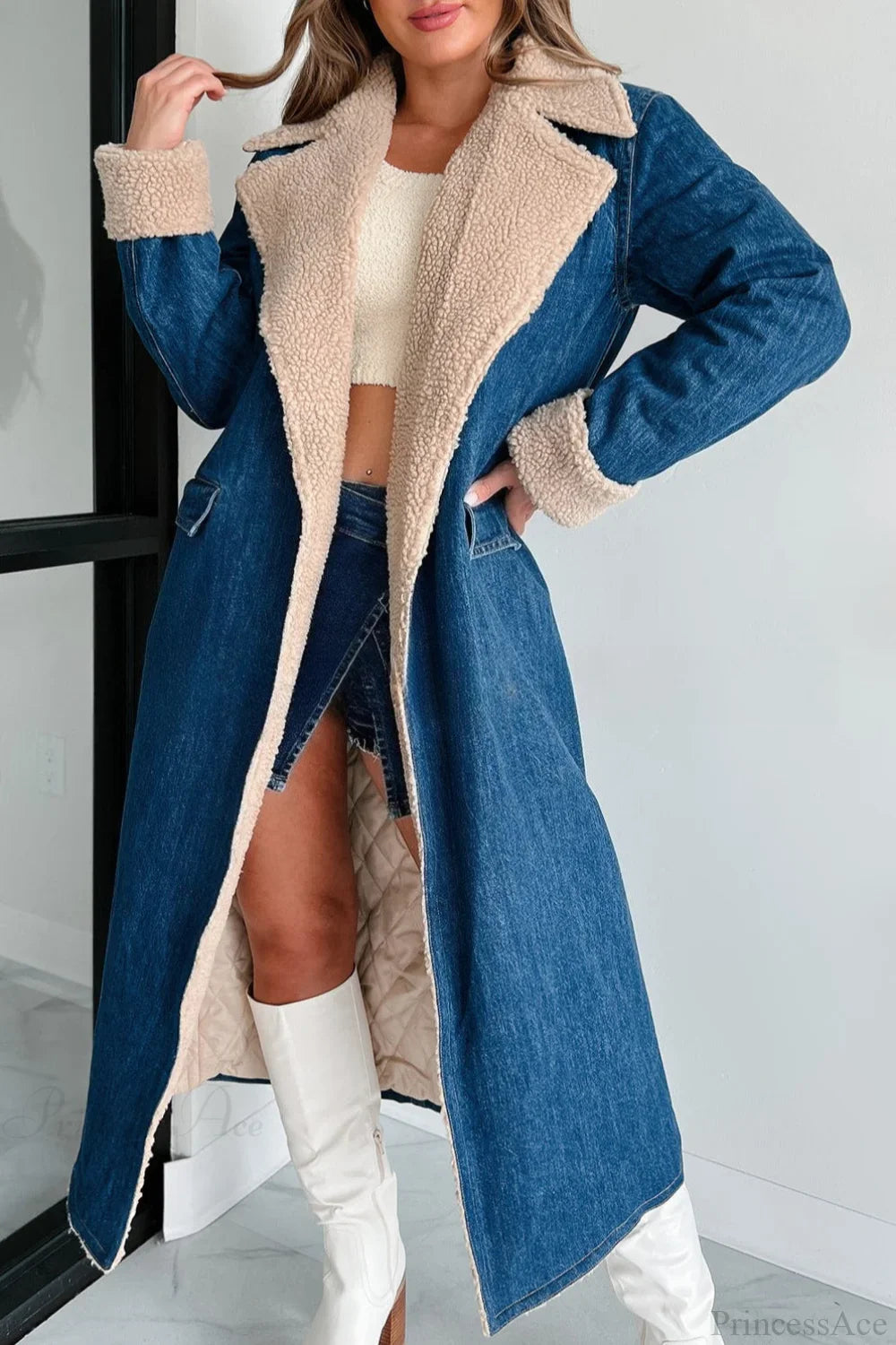 Elegant Sherpa Tie Waist Dual Pockets Denim Overcoat image 3