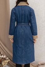 Elegant Sherpa Tie Waist Dual Pockets Denim Overcoat image 5