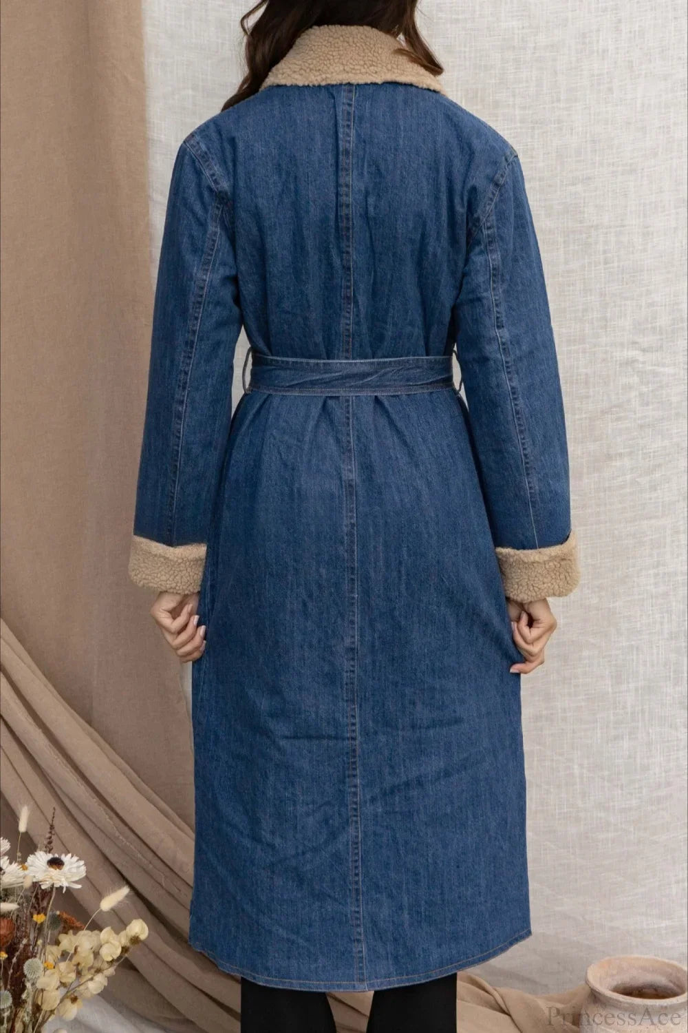 Elegant Sherpa Tie Waist Dual Pockets Denim Overcoat image 5