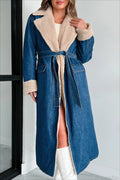 Elegant Sherpa Tie Waist Dual Pockets Denim Overcoat image 2