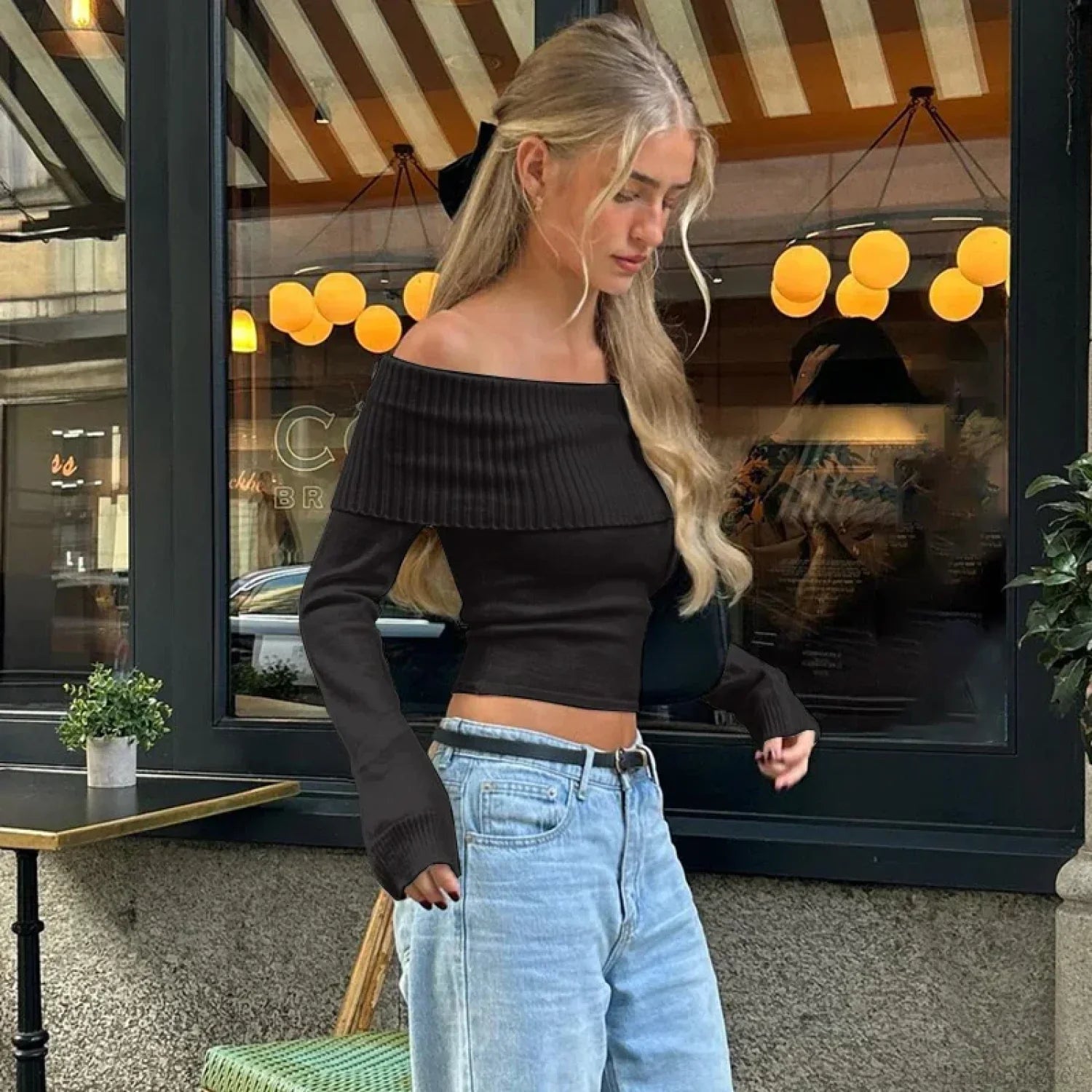Elegant Slash-neck Ribbed Crop Top Sweater image 5