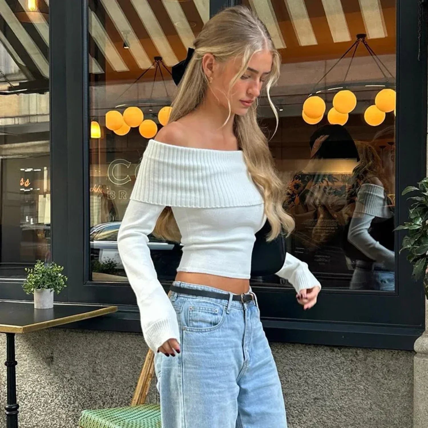Elegant Slash-neck Ribbed Crop Top Sweater image 3
