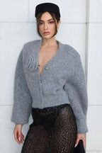 Elegant Solid 3D Floral Trim Cardigan Sweater image 5