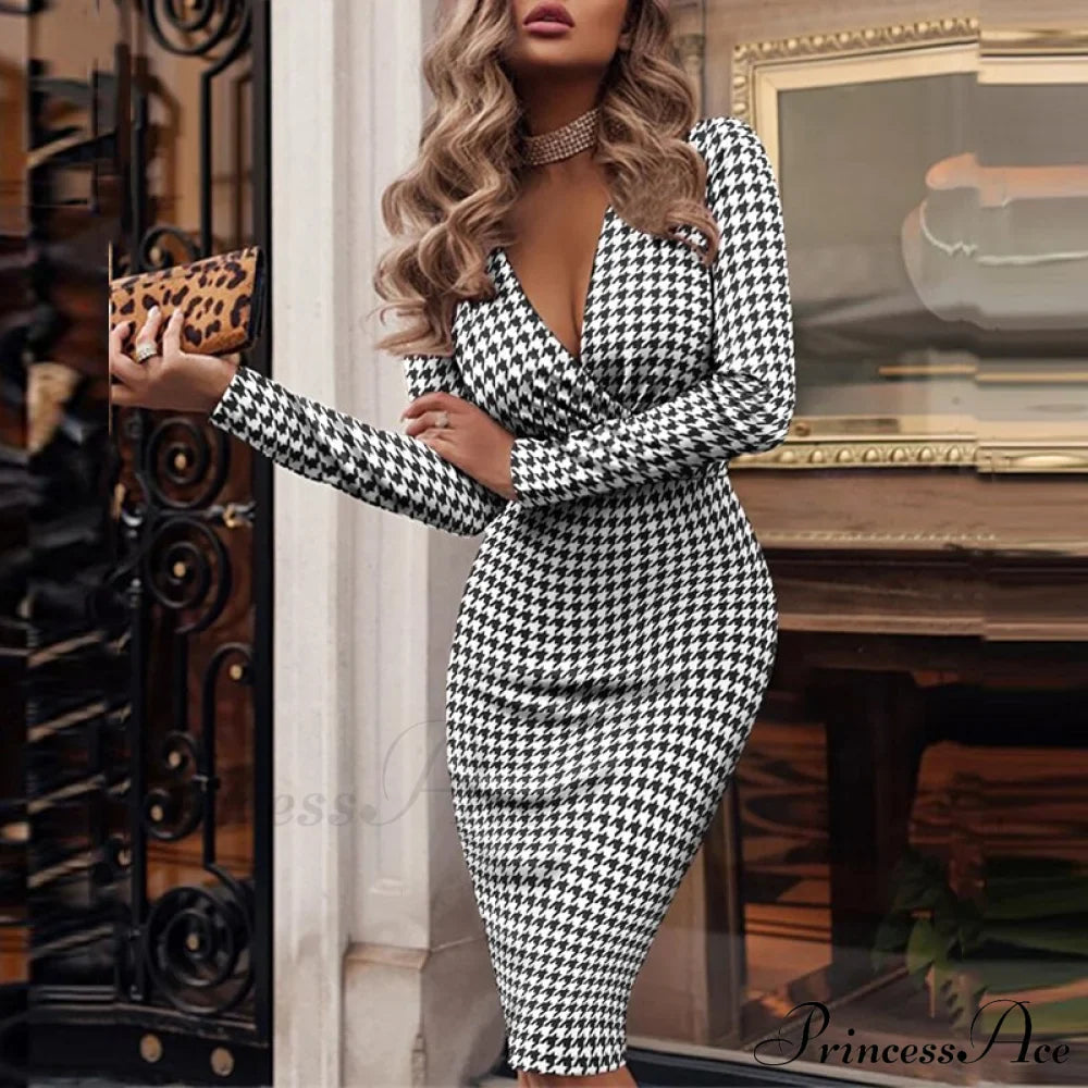 Elegant V Bodycon Sequin Club Party Deep Neck Patchwork with Long Slim Sleeves - Gown Dress image 12
