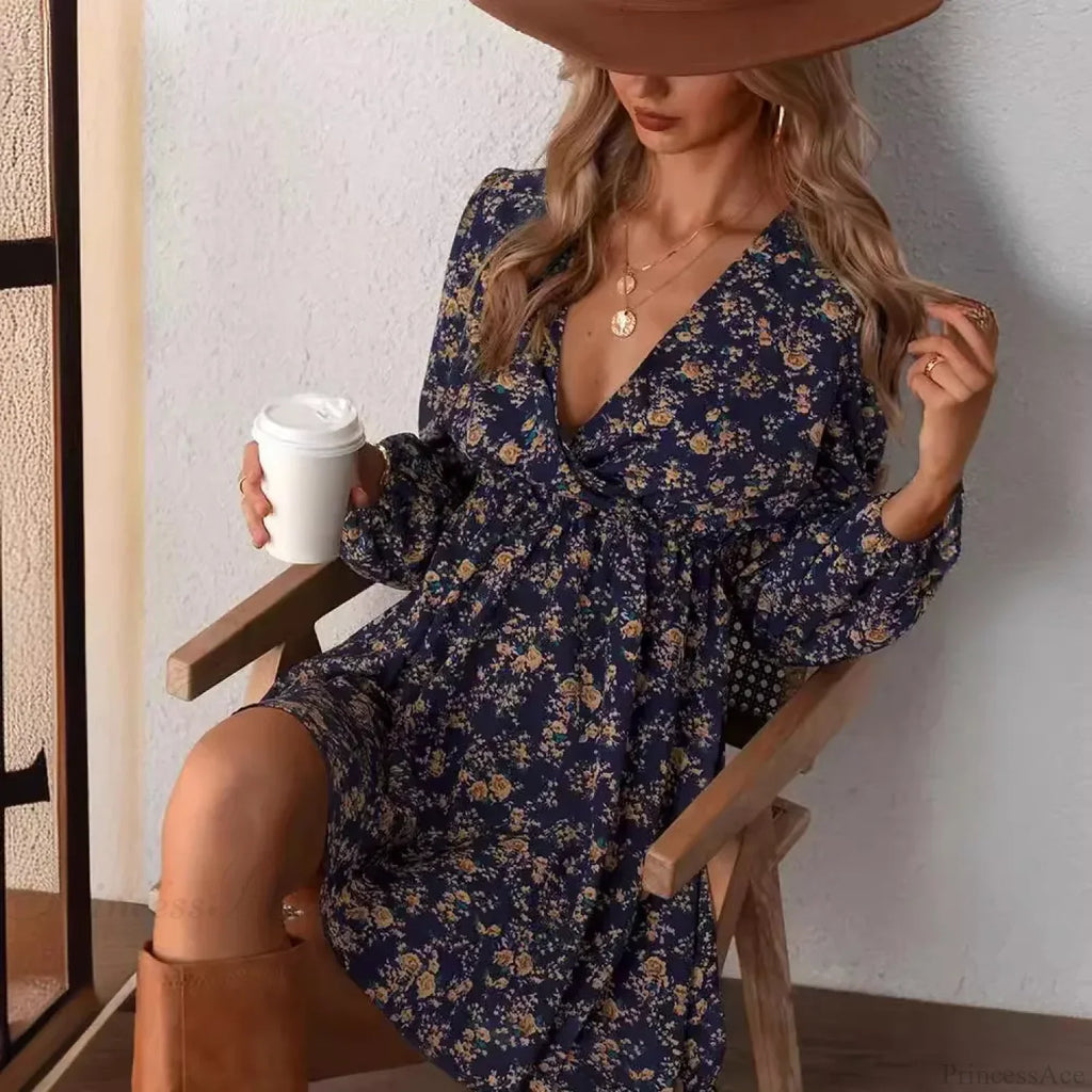 Elegant V-Neck Floral Mini Chiffon Dress image 3