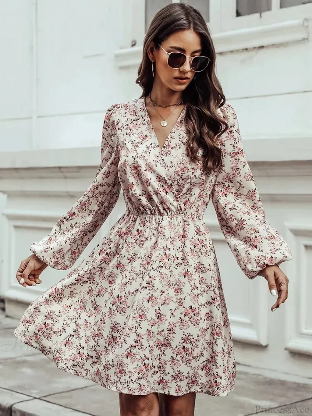 Elegant V-Neck Floral Mini Chiffon Dress image 6