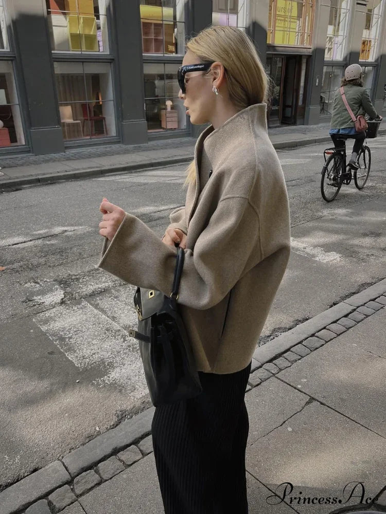 Elegant Warm Solid Woolen Cropped Stand Collar Double Breasted Long Sleeves Stylish Coat image 5