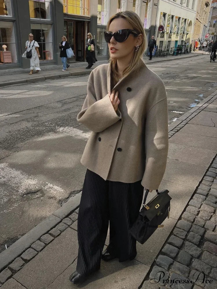 Elegant Warm Solid Woolen Cropped Stand Collar Double Breasted Long Sleeves Stylish Coat image 4