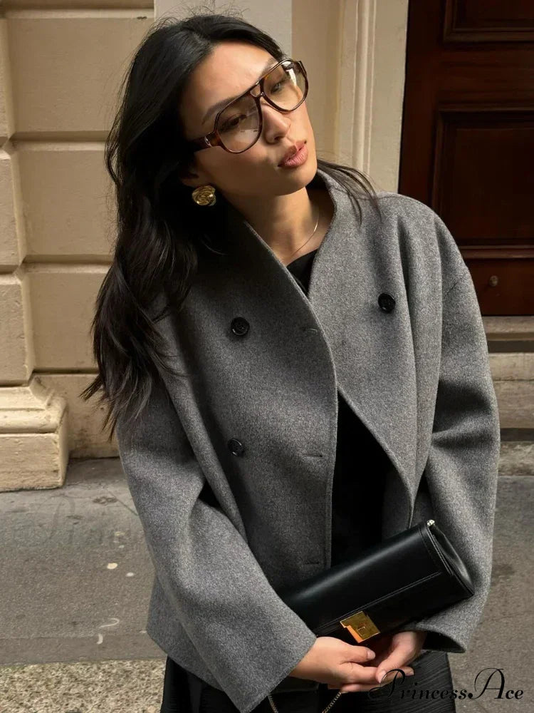 Elegant Warm Solid Woolen Cropped Stand Collar Double Breasted Long Sleeves Stylish Coat image 1