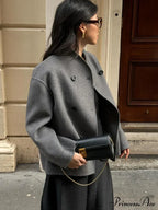 Elegant Warm Solid Woolen Cropped Stand Collar Double Breasted Long Sleeves Stylish Coat image 2