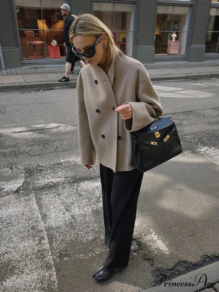 Elegant Warm Solid Woolen Cropped Stand Collar Double Breasted Long Sleeves Stylish Coat image 6