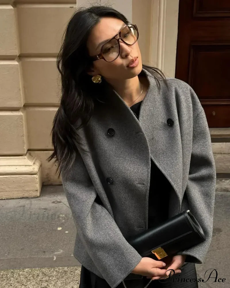 Elegant Warm Solid Woolen Cropped Stand Collar Double Breasted Long Sleeves Stylish Coat image 8