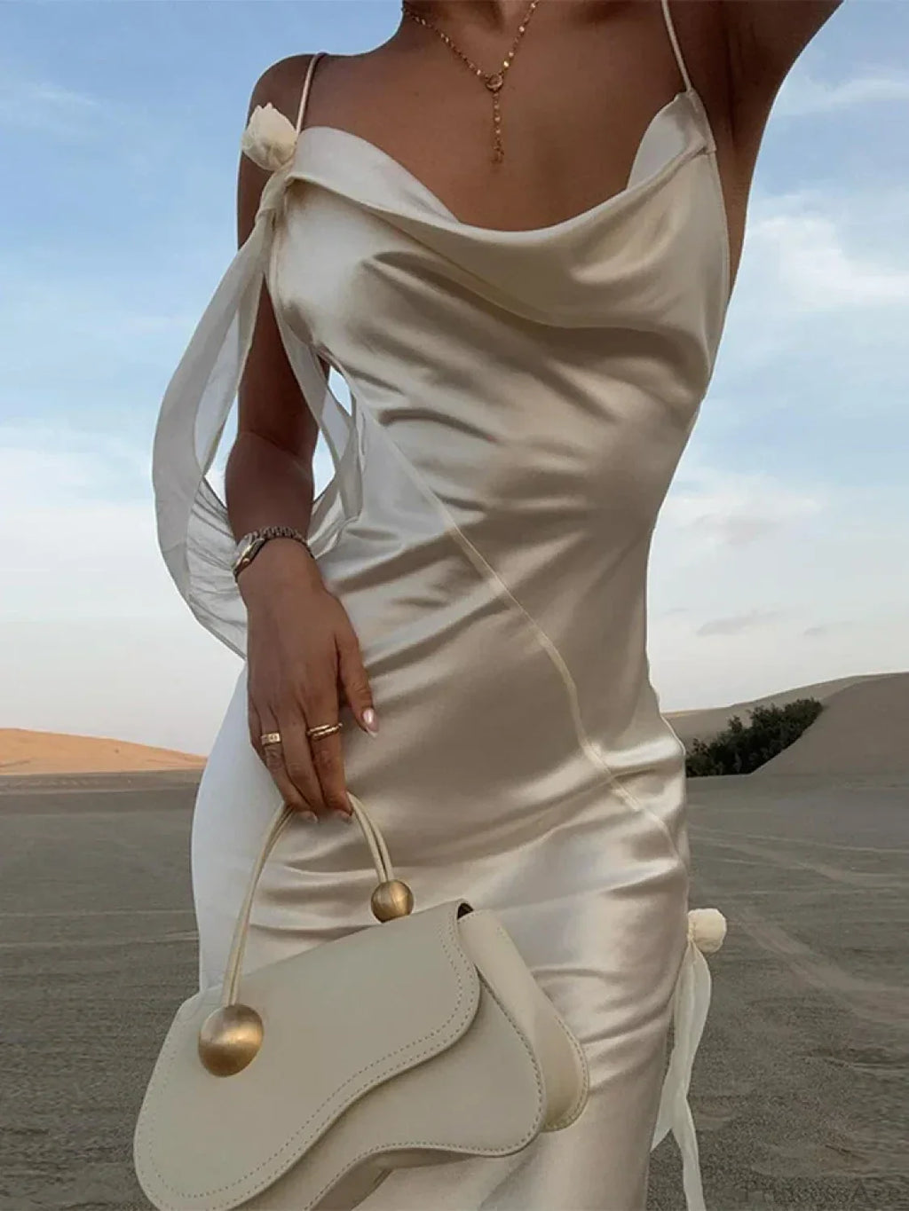Elegant White Satin Maxi Vacation Dress image 7