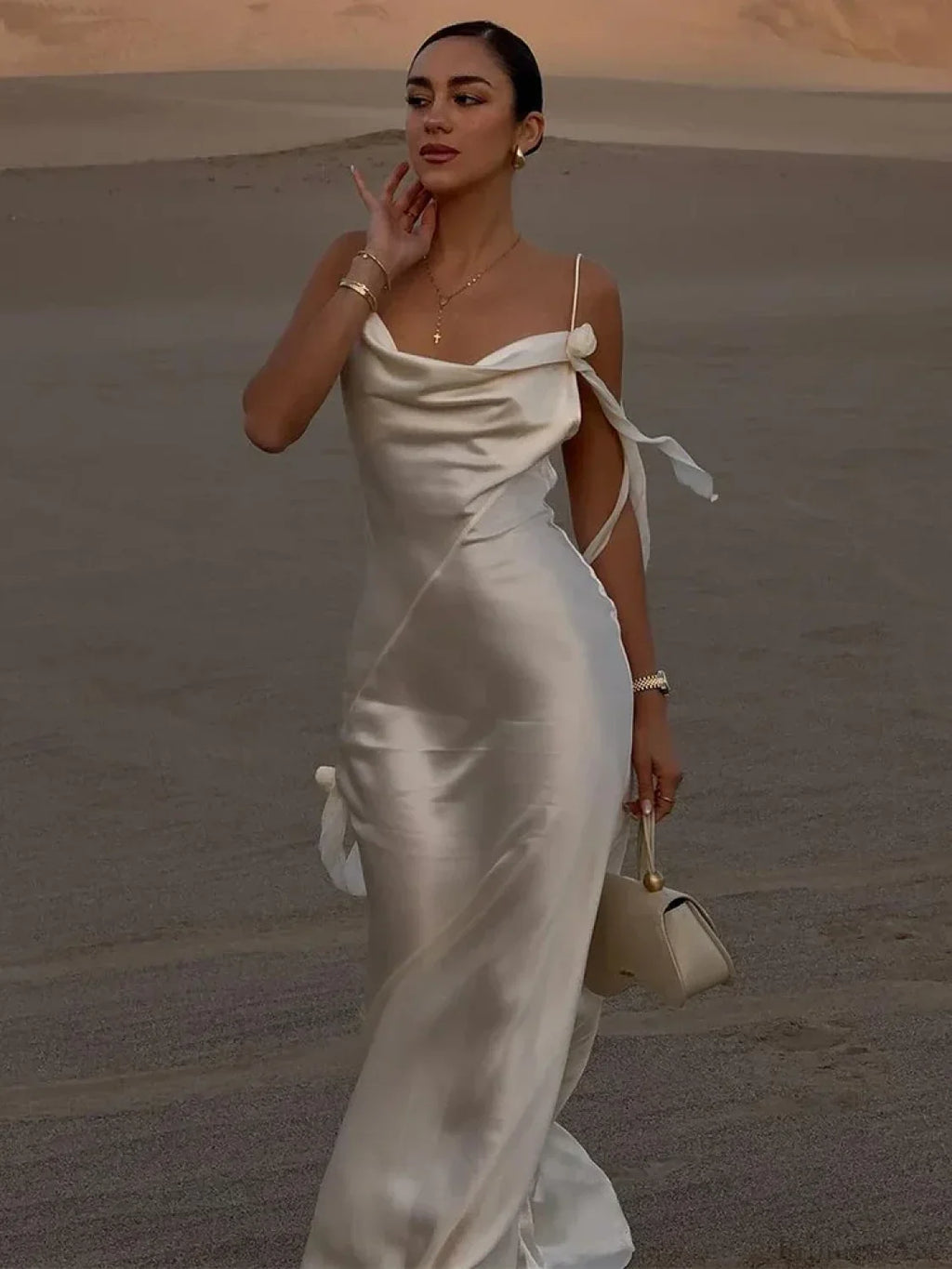 Elegant White Satin Maxi Vacation Dress image 4