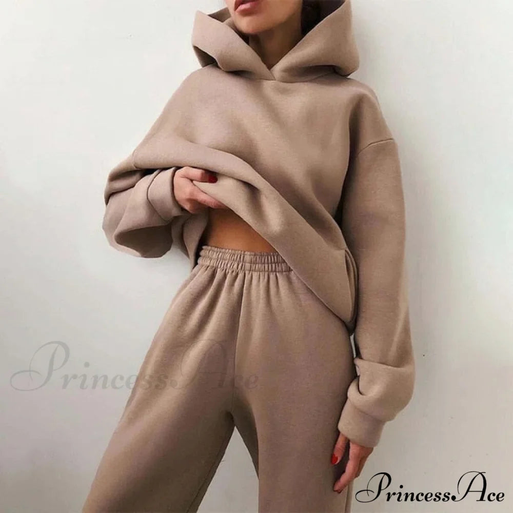 Elegant with Long Sweatshirt Women's Set and Hoodie Lace-Up Warm Pant Solid Detail image 1