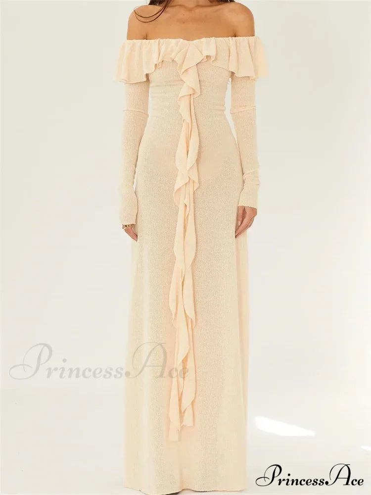 Elegant Women Knitted Evening Solid Sleeve Slash Neck Off Shoulder Ruffles Party Female Vestido image 1