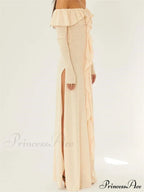 Elegant Women Knitted Evening Solid Sleeve Slash Neck Off Shoulder Ruffles Party Female Vestido image 2